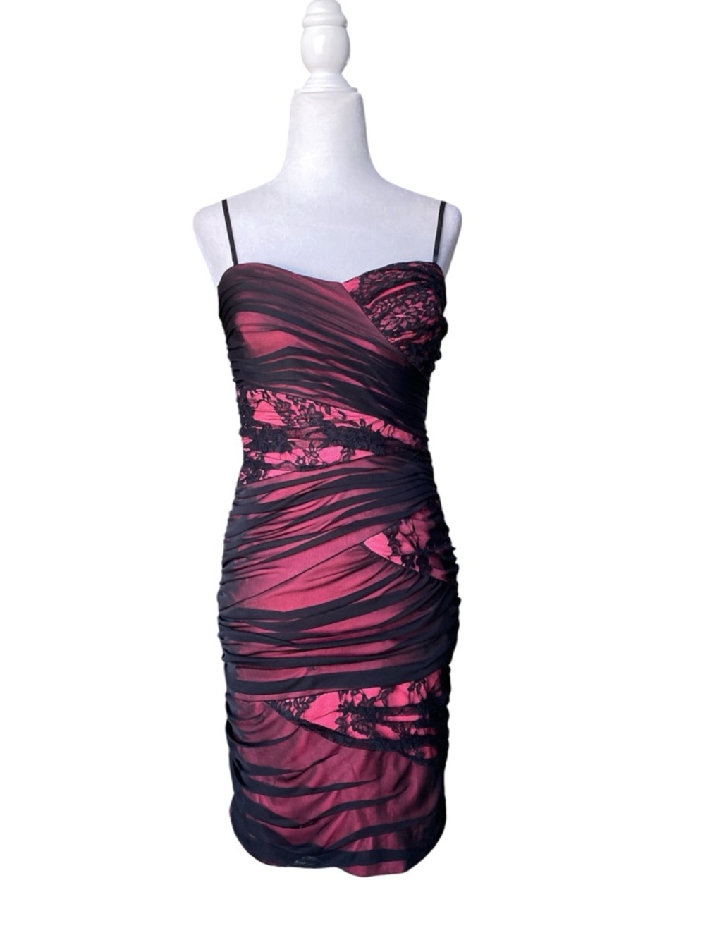 City Triangles vintage Ruched Black Lace-Overlay Cocktail Dress in Fuchsia Pink